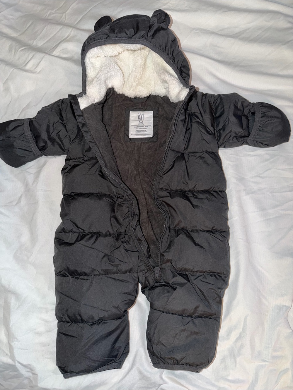 GAP Black Sherpa-Lined Puffer Baby One-Piece Snowsuit with Hood